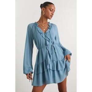 Lulus Allirah Light Blue Ruffled Long Sleeve Mini Dress - Size XS